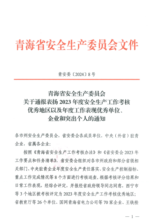 喜報！2023年度安全生產(chǎn)工作優(yōu)秀企業(yè)和突出個人名單揭曉！